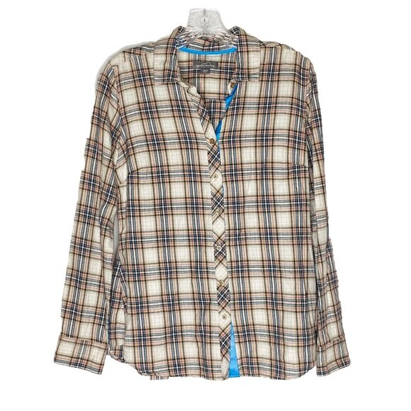 Eddie Bauer Tops - Eddie Bauer Blue Brown Plaid Long Sleeve Button Front Top M
